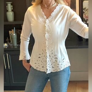 Uluwatu Bali White Lace Blouse Embroidered Rayon Top Size S Boho Cottagecore